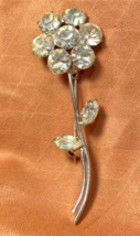 Vintage RHINESTONE FLOWER Stem Leaves BROOCH Pin Silver Tone 2" Elegant ... - $25.63