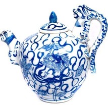 Chinese Blue &amp; White Porcelain Teapot Multiple Dragons Flowers Signed w/... - £245.39 GBP