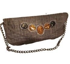 Chicos Jeweled Clutch Bronze Linen Embroidered Beaded Chain Strap Boho - $30.69