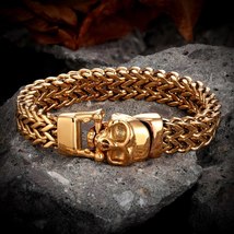 Never Fade Viking Skeleton Bracelets Men Women Gold Stainless Steel Cuban Chain  - £26.79 GBP