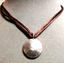 Sterling Silver Medallion Pendant Brown Silk Cord Adjustable Length Necklace - £29.97 GBP