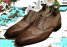 Men&#39;s Custom Made Leather Stylish Lace Up Two Tone Brown Leather Wing Tip  - £122.88 GBP