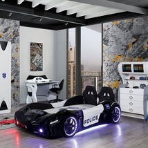 Spyder Police Twin Race Car Bed With Led Lights &amp; Sound Fx, Free Mattress Includ - £1,436.24 GBP