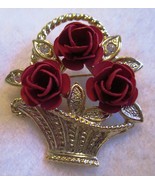 Rose Basket Brooch with Rhinestones Vintage Goldtone - $9.54 CAD