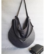 Recycled Grey Denim Hobo Bag: Slouchy Shoulder Purse with Adjustable Strap - $2,208.40 MXN