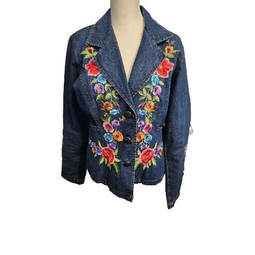 New Direction Denim Jacket Womens Sz Small Wearable Art Floral Embroidered - $21.73