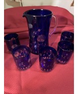 VINTAGE BOHEMIAN CZECH  COBALT BLUE  &amp; GOLD  PITCHER W/GLASSES - $169.25 CAD