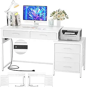 Computer Desk With 5 Drawers, Reversible Office Desk With Power Outlets ... - £203.06 GBP