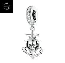 Genuine Sterling Silver 925 Pirate Anchor Skull Ship Boat Dangle Charm With CZ - £17.01 GBP