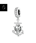 Genuine Sterling Silver 925 Pirate Anchor Skull Ship Boat Dangle Charm With CZ - $21.10
