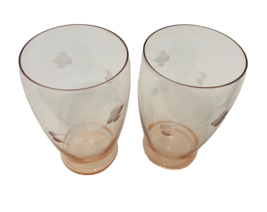 Elegant Pink Glass Tumblers Clear with Floral Etching 12 fl oz Lot of Two - £17.03 GBP