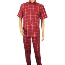 Men INSERCH premium Soft Cool Linen 2pc Walking Leisure suit 7098 Red Plaid image 2