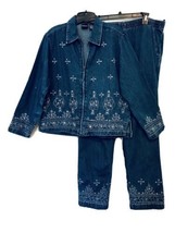 Erika Womens Vintage Embroidered &amp; Beaded Denim 2 Piece Jacket Pants Set Medium - £24.01 GBP