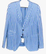 Jakke Men&#39;s Blue White Plaids Cotton Linen Blazer Jacket Size US 46 EU 56 - $138.97