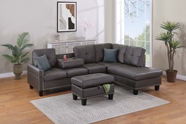 Arcene 3-PC Sectional Sofa with Storage Ottoman in Espresso Faux Leather - $1,186.00