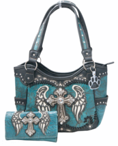 Western Rhinestone Cross Angel Wings Concealed Carry Handbag Wallet Purse Set  - £39.90 GBP+