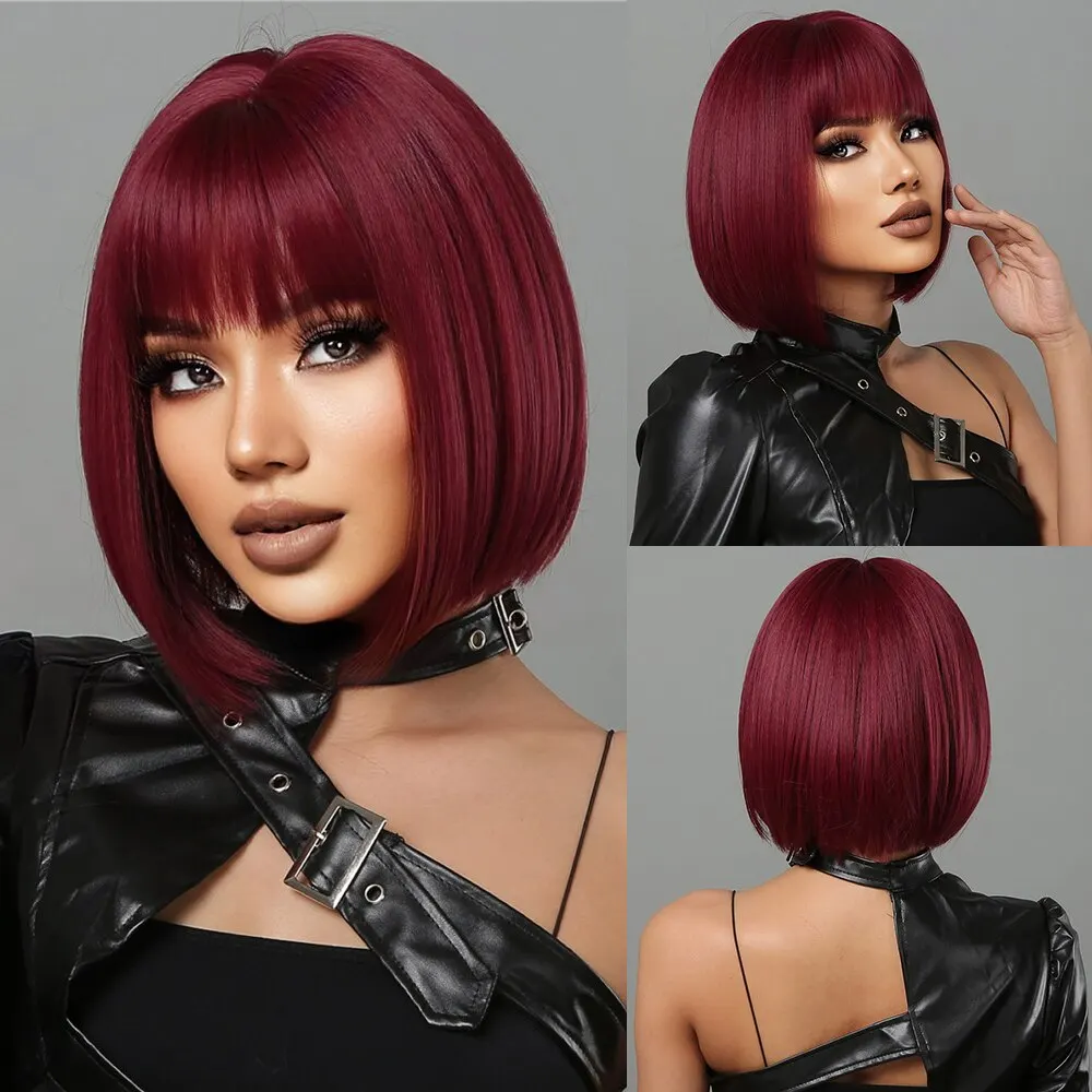 Short Wine Red Bob Wigs For Women Burgundy Bob Wigs With Thick Bangs He - £10.48 GBP+