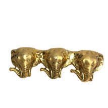 Vintage Pin 3 Elephant Heads Gold Tone Trunks Up  2.5 x .5 inches Brooch - £12.92 GBP