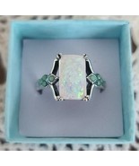 Faux Opal ~ Square Ring ~ Size 6 ~ Faux Jade Gemstones on Sides ~ Silver... - £11.98 GBP