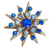 Vintage Atomic Starburst Brooch Pin Prong Set Light Dark Blue Rhinestones Retro - £23.72 GBP