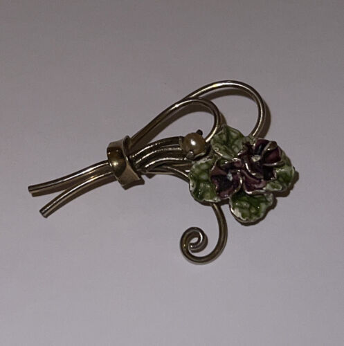 Vintage A.C. 12 K GF Sterling Silver Trim Brooch Pin Bouquet Flowers Enamel - $14.80