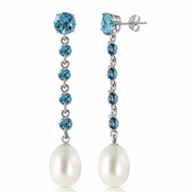 10 Carat 14K Solid White Gold Chandelier Blue Topaz &amp; Pearl Gemstone Earrings - £288.79 GBP