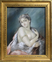 Rococo portrait Nude lady in Royal mantle Early 20th century Pastel drawing - $330.00
