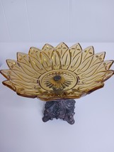 Vintage Amber Glass Candy  Fruit Dish With Ornate Metal Base No Chips Or... - $23.75