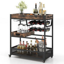 3-Tier Industrial Buffet Serving Cart with Wine Rack - Color: Rustic Brown - $2,765.57 MXN