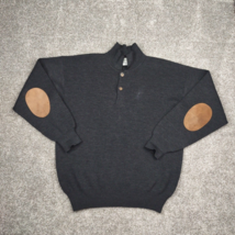 Tricots St Raphael Sweater Men L Black Wool Suede Elbow Patches Collard Button - £12.98 GBP