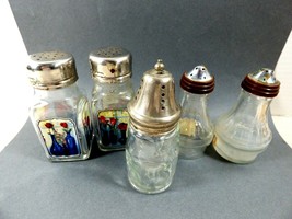 Lot of 5 VTG clear glass salt &amp; pepper shakers silver plate &amp; nickel top... - £19.75 GBP
