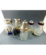 Lot of 5 VTG clear glass salt &amp; pepper shakers silver plate &amp; nickel top... - £19.35 GBP