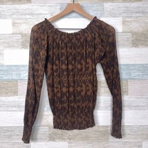 LRL Ralph Lauren Silk Crinkle Smocked Peasant Top Brown Animal Print Womens 4 - £29.56 GBP