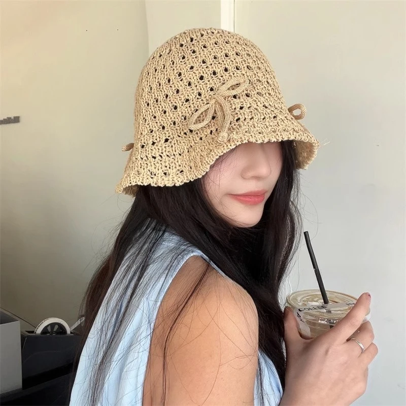 Ins Sweet Bow Hollow Bucket Hats for Women and Men Spring Summer Fashion - £13.24 GBP