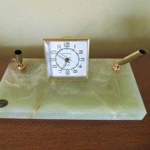 Vintage  Green Onyx Double Desk Pen Holder w clock. - £35.80 GBP