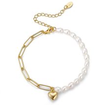 Half and Half Pearl Bracelet with Heart Pendant - Elegant White Freshwater Pearl - £25.27 GBP