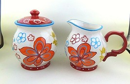 Dutch Wax Vibrant Floral Sugar Bowl and Creamer by Coastline Imports Red... - $48.99