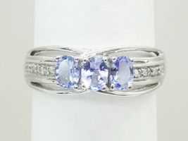 3-Stone Natural Blue Amethyst &amp; Diamond Filigree Ring 10k White Gold Size 7 - £430.85 GBP