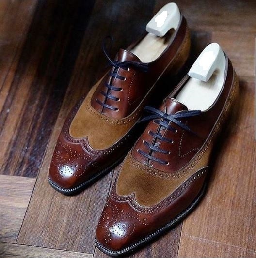 New Handmade Men's Classic, Oxfords Dark Brown Leather and Suede Wing Tip Dress