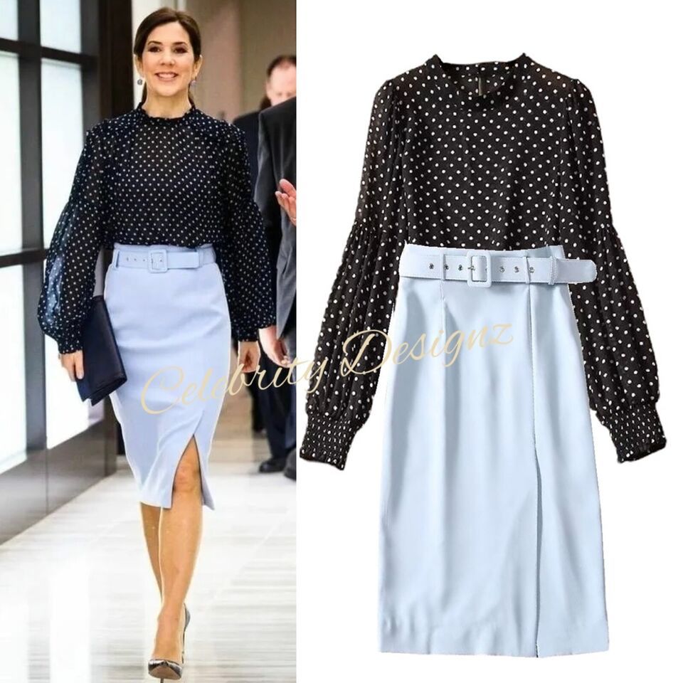 Queen Mary of Denmark Inspired Black Polka Dot Blouse & Blue Belted Pencil Skirt