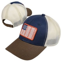 NWT NEW USA Farmer CAP / HAT Flag Patch BLUE &amp; BROWN White Mesh Strapback - £18.65 GBP