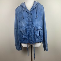 Picadilly Chambray Jacket Women S Blue Snap Buttons Hooded Drawstring Tab Sleeve - £14.16 GBP