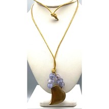 Vintage Puffy Brass Heart Pendant Necklace with Pastel Beads on Metallic Cord - £30.09 GBP