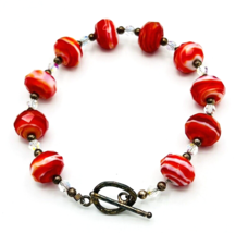 Vintage Sterling Silver Red Glass Bead Toggle Bracelet 8.5 in - £23.49 GBP