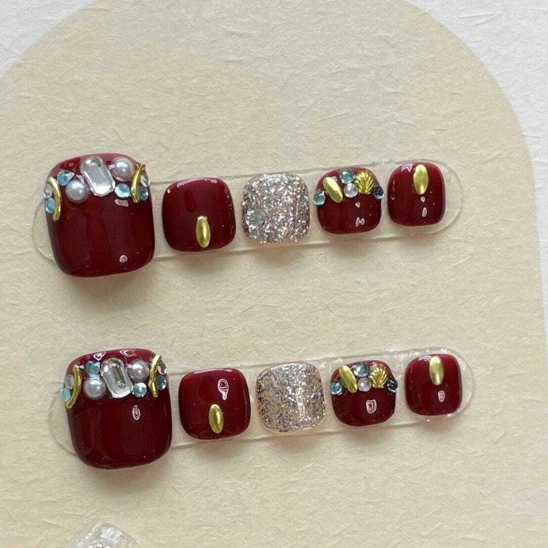 Elegant Burgundy and Gold Rhinestone Press-On Toenails. Artificial reusa... - $22.99