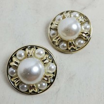 Vintage Estate Faux Pearl Clip On STATEMENT Earrings 1.5&quot; Gold Tone - $14.03