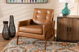 Maddock Tan Faux Leather Upholstered and Walnut Brown Lounge Chair - $10,374.51 MXN