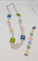 Sparkly Pink Blue Green Crystal Glass Bead Square 18&quot; Necklace With 7&quot; Bracelet - £12.15 GBP