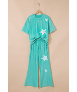 Mint Green Acid Wash Star Patched Rolled Trim Pants Set - $842.09 MXN