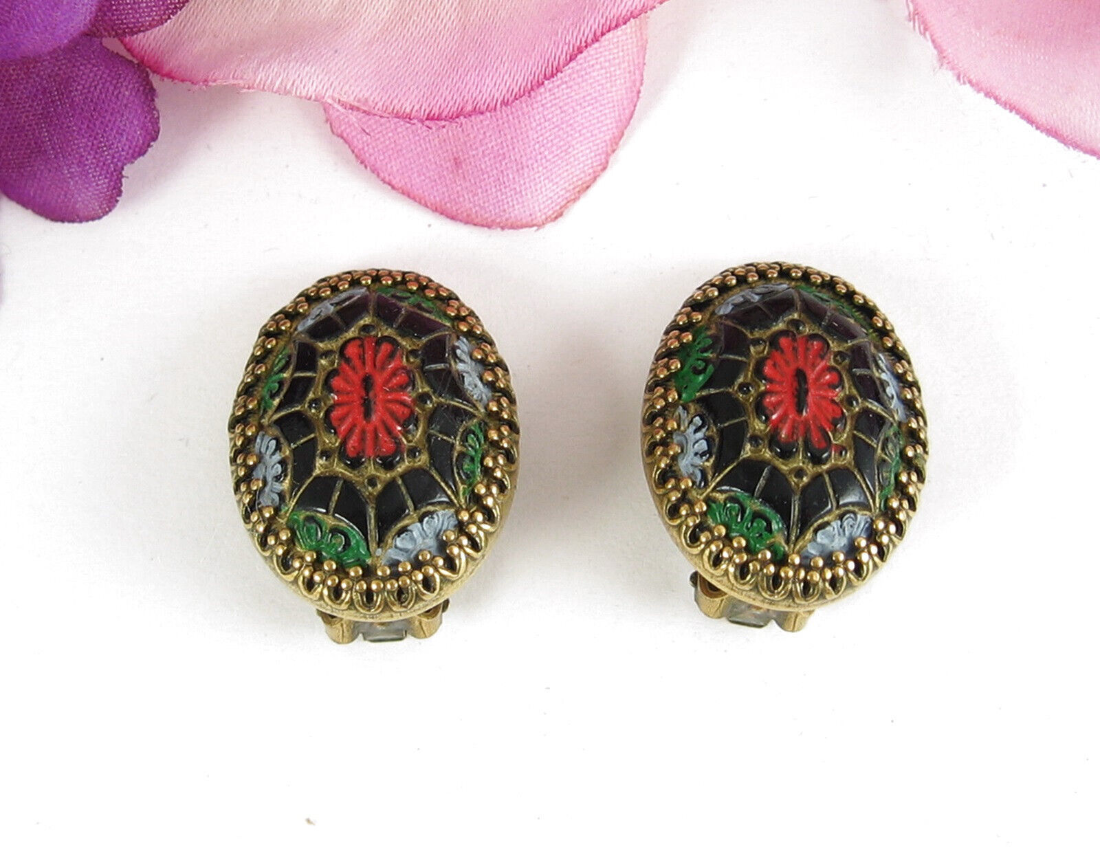 Primary image for GLASS OVAL Vintage EARRINGS CLIP ON Painted Flower Mock MosaIc Goldtone Black 1"